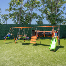 Load image into Gallery viewer, Jungle Warrior Anaconda Metal Swing Set with 45" Saucer Swing, 2 Sling Swings, Rock Climbing Wall and 5ft Slide