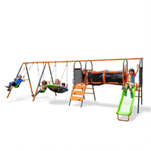 Load image into Gallery viewer, Jungle Warrior Anaconda Metal Swing Set with 45" Saucer Swing, 2 Sling Swings, Rock Climbing Wall and 5ft Slide