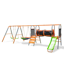 Load image into Gallery viewer, Jungle Warrior Anaconda Metal Swing Set with 45" Saucer Swing, 2 Sling Swings, Rock Climbing Wall and 5ft Slide