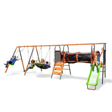 Load image into Gallery viewer, Jungle Warrior Anaconda Metal Swing Set with 45&quot; Saucer Swing, 2 Sling Swings, Rock Climbing Wall and 5ft Slide
