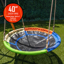 Load image into Gallery viewer, Jungle Warrior Anaconda Metal Swing Set with 45&quot; Saucer Swing, 2 Sling Swings, Rock Climbing Wall and 5ft Slide
